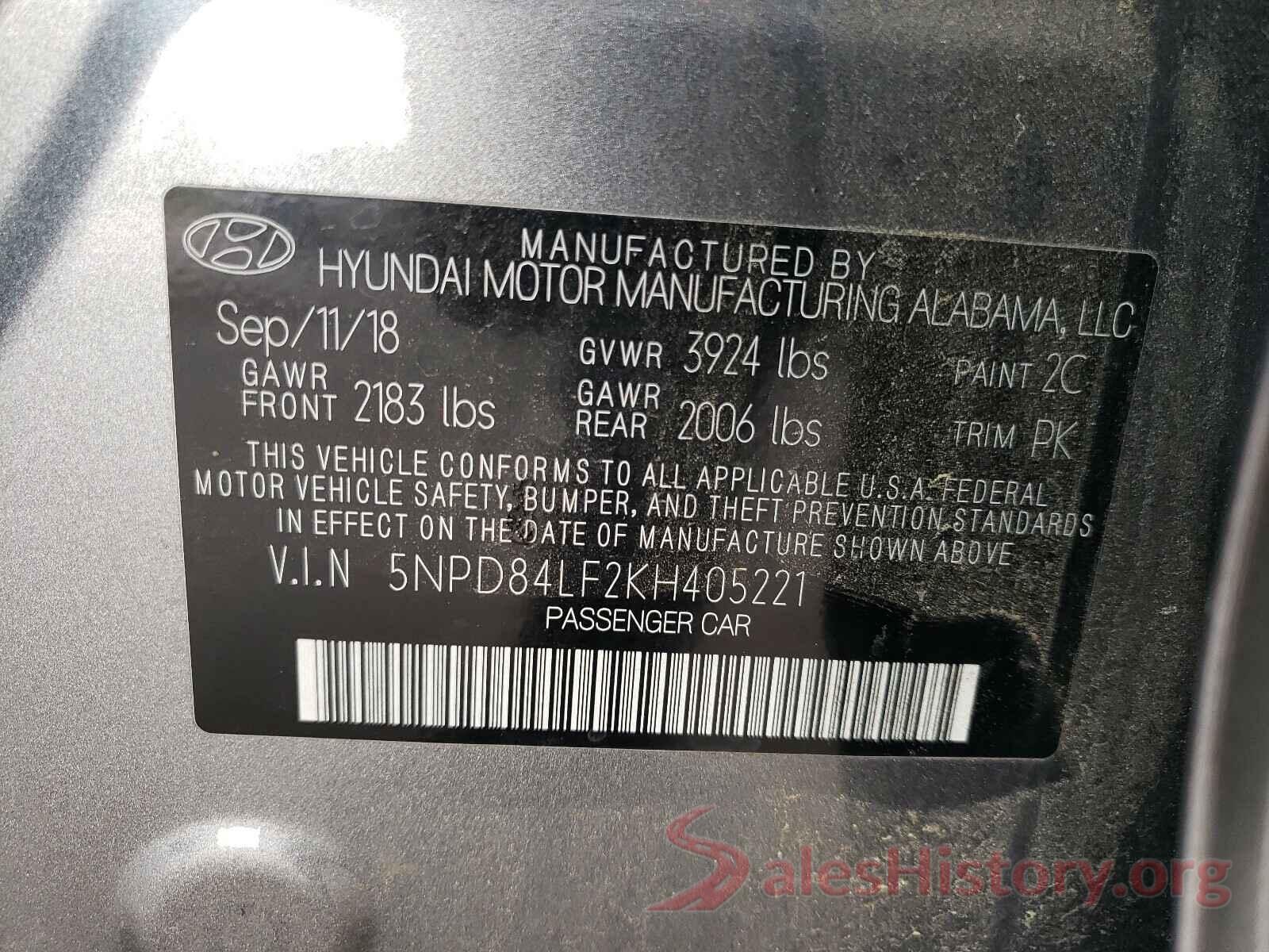 5NPD84LF2KH405221 2019 HYUNDAI ELANTRA