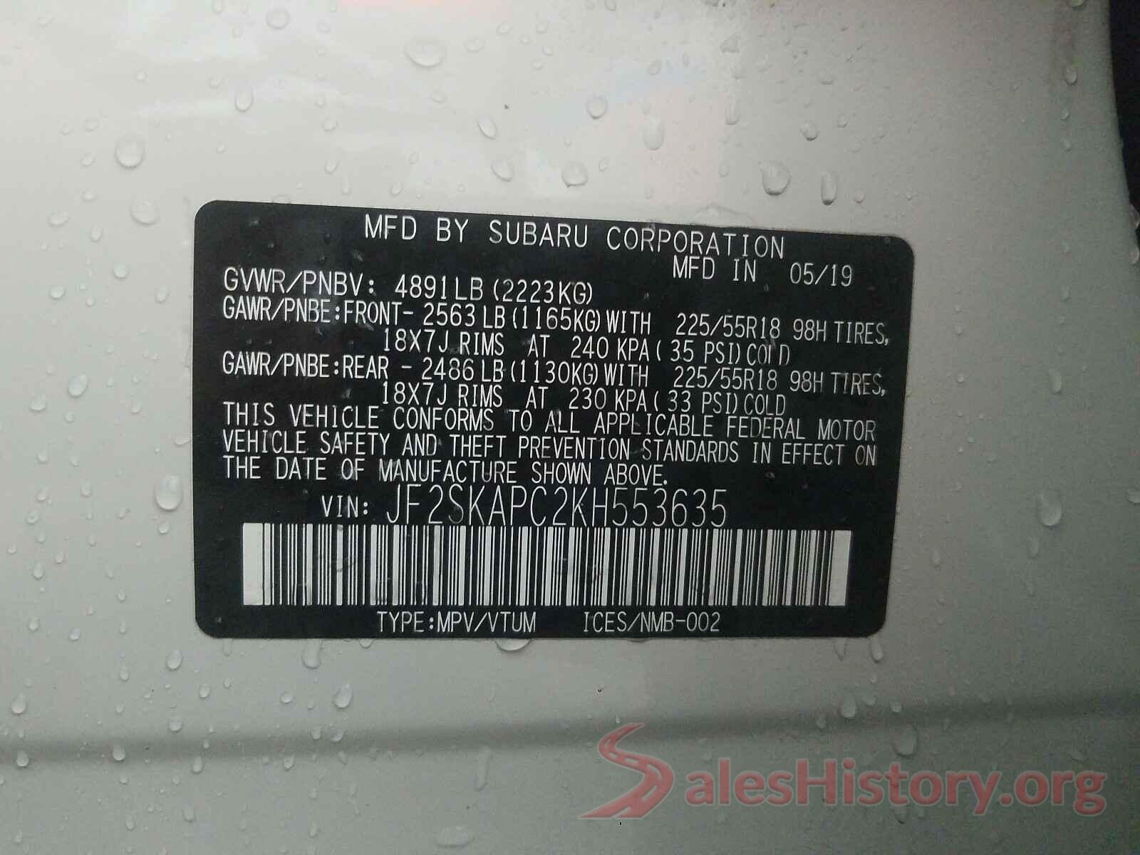 JF2SKAPC2KH553635 2019 SUBARU FORESTER