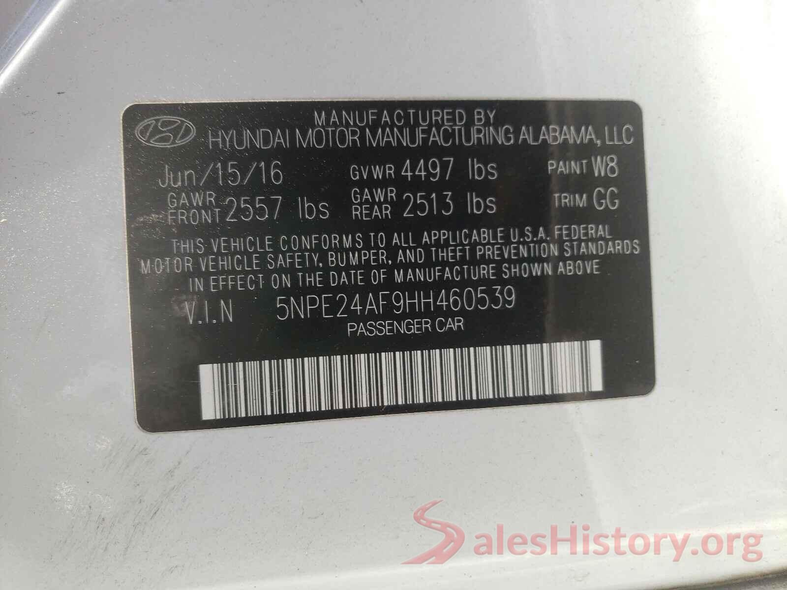 5NPE24AF9HH460539 2017 HYUNDAI SONATA