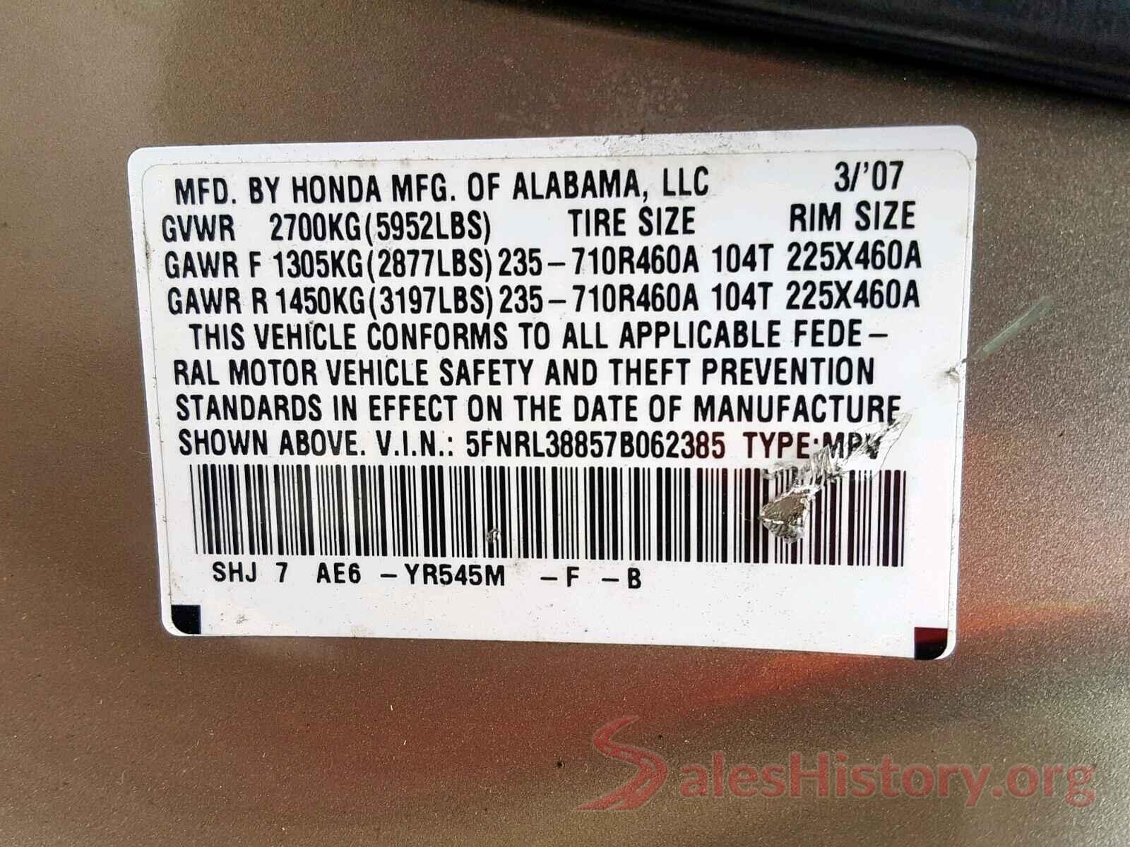 5FNRL38857B062385 2007 HONDA ODYSSEY TO