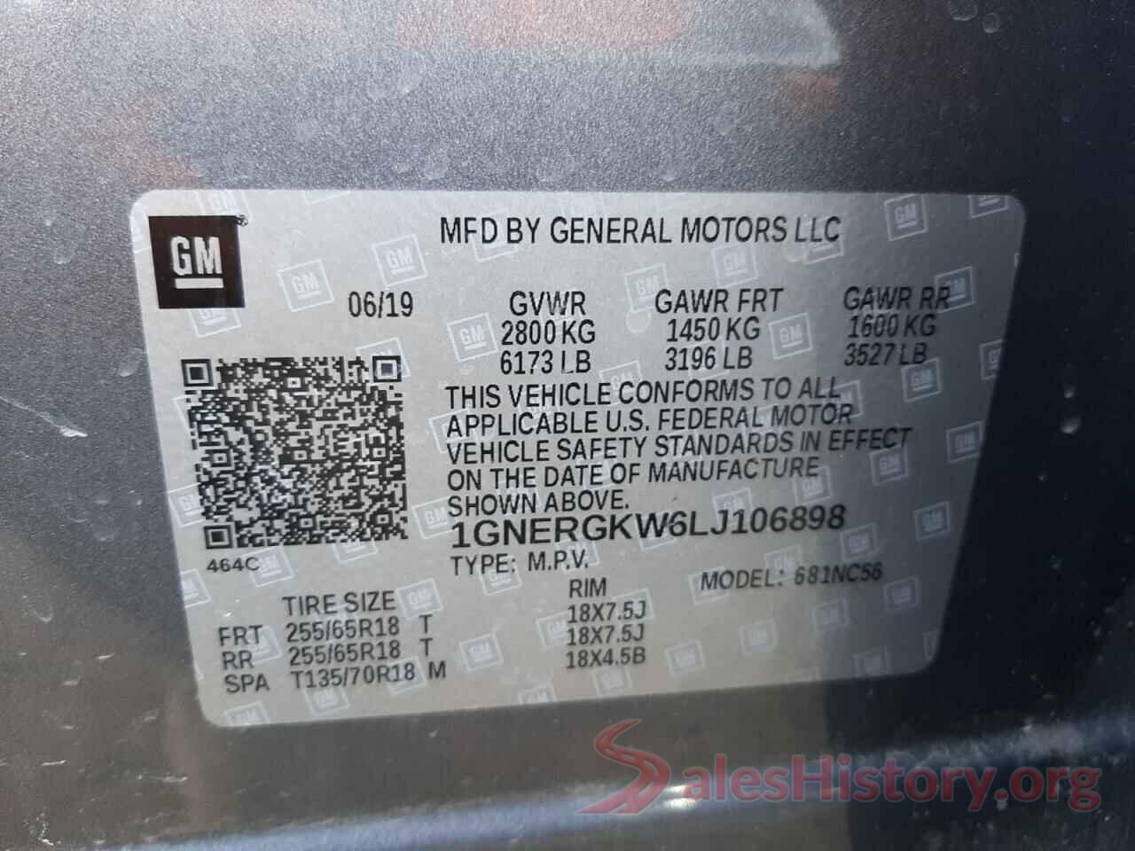 1GNERGKW6LJ106898 2020 CHEVROLET TRAVERSE