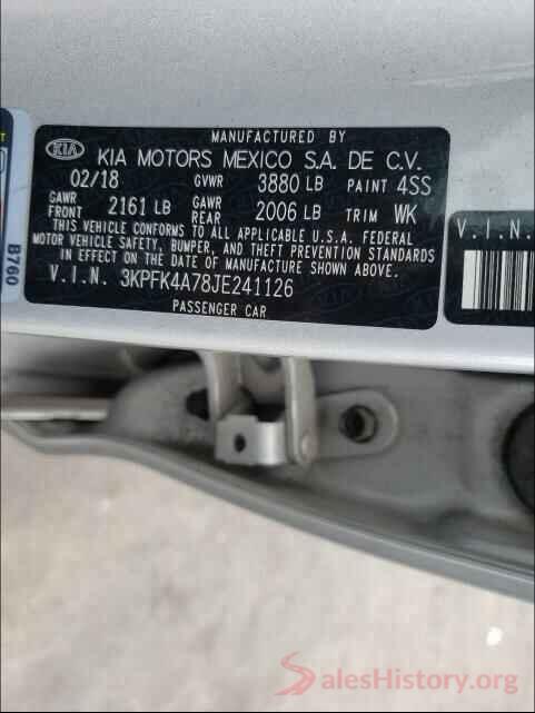 3KPFK4A78JE241126 2018 KIA FORTE