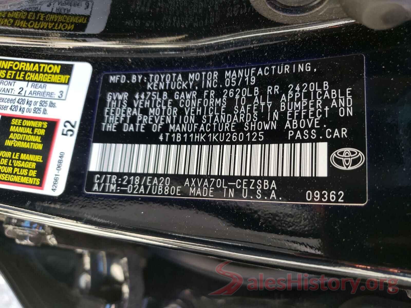 4T1B11HK1KU260125 2019 TOYOTA CAMRY