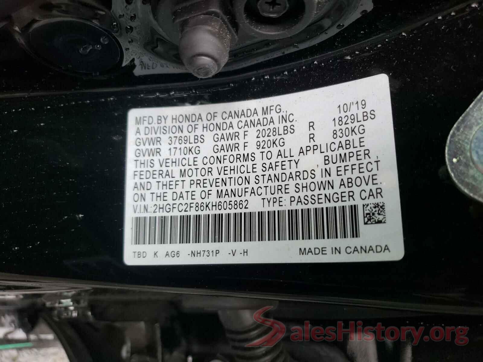 2HGFC2F86KH605862 2019 HONDA CIVIC