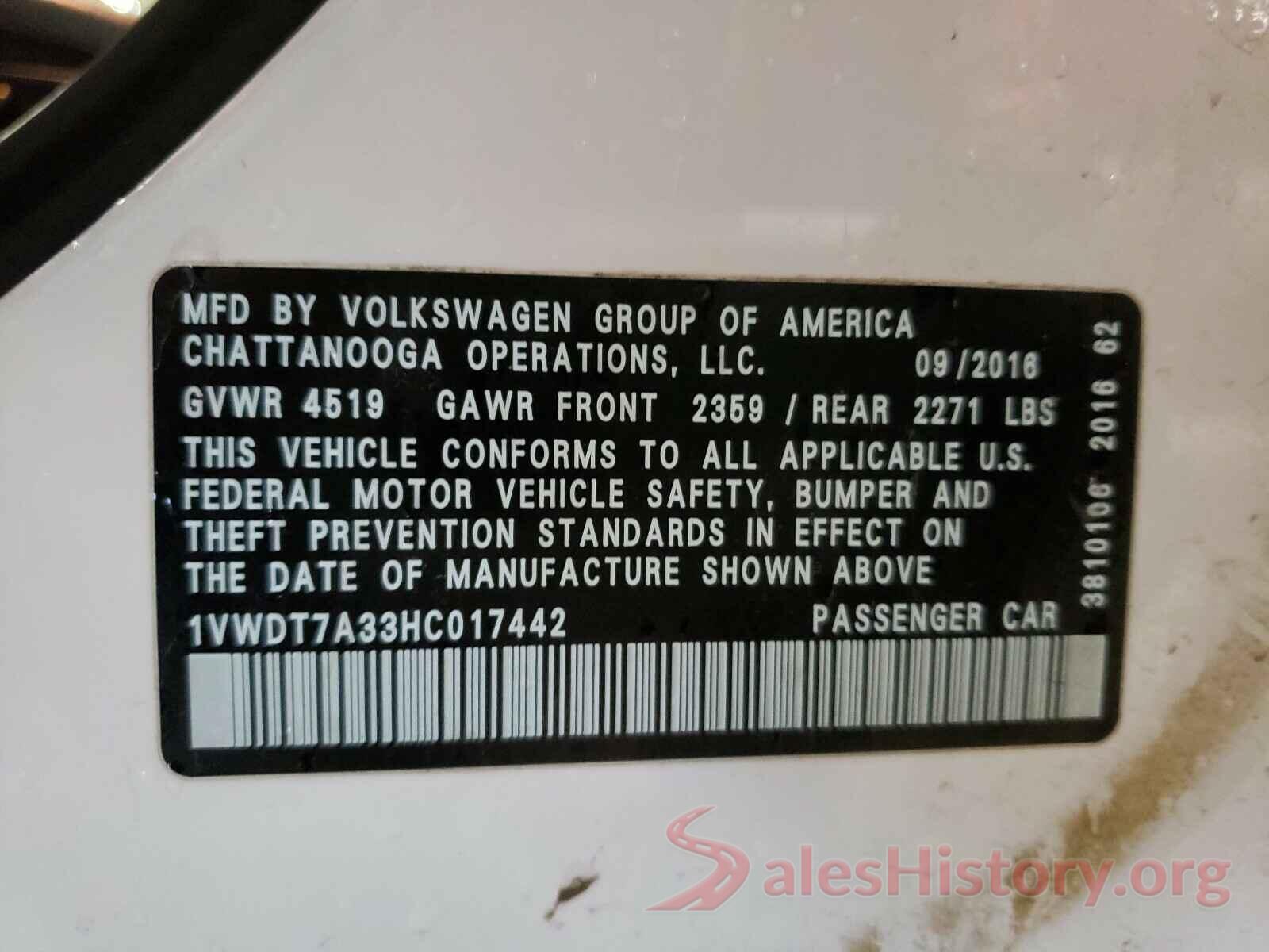 1VWDT7A33HC017442 2017 VOLKSWAGEN PASSAT