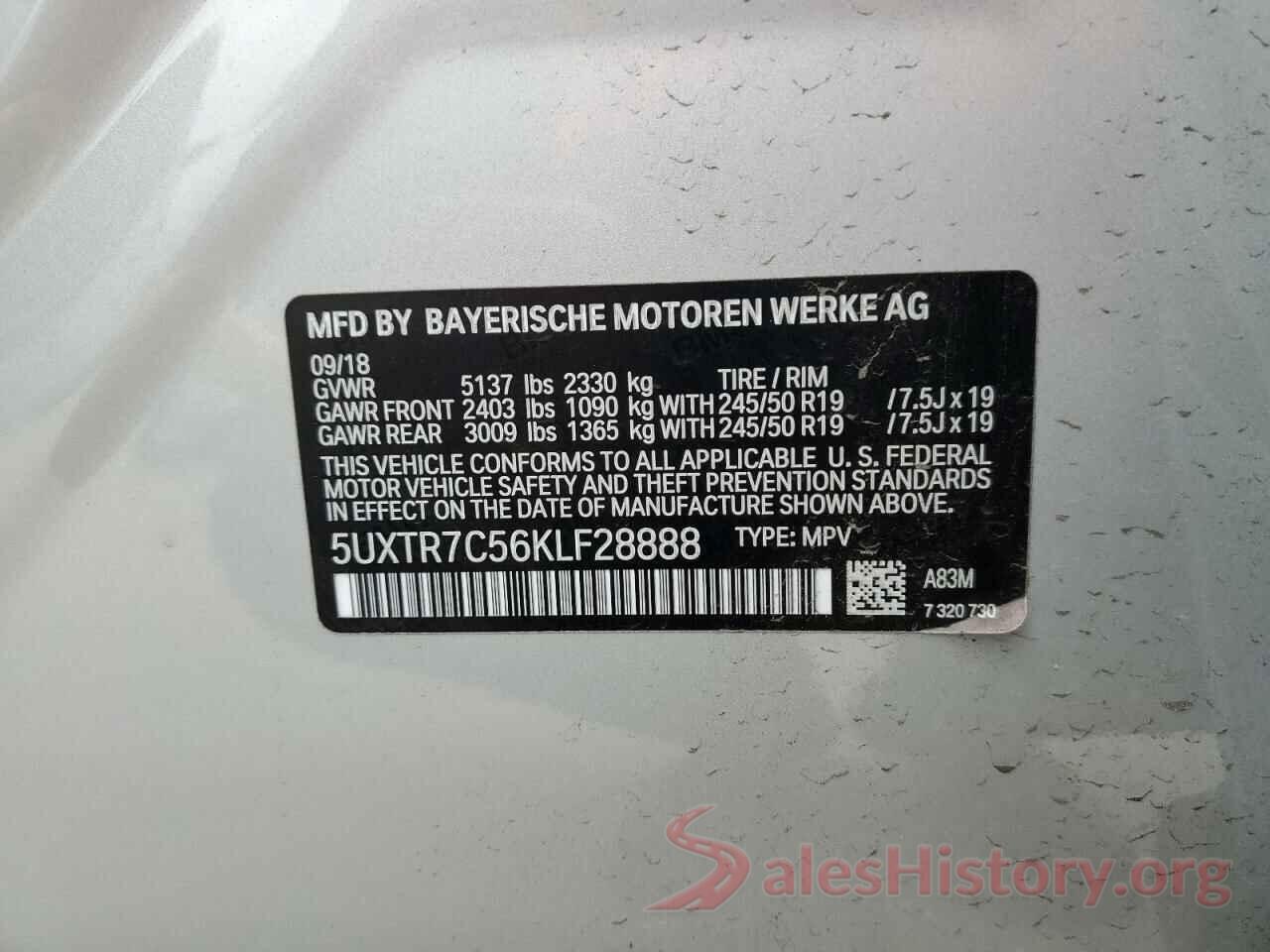 5UXTR7C56KLF28888 2019 BMW X3