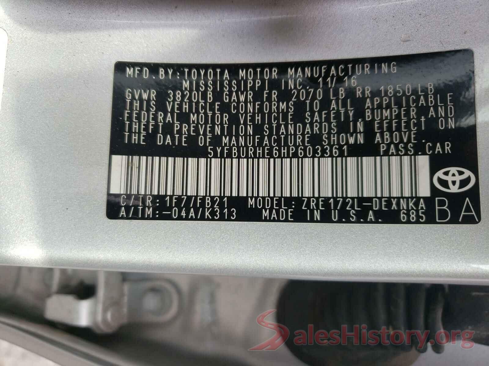 5YFBURHE6HP603361 2017 TOYOTA COROLLA