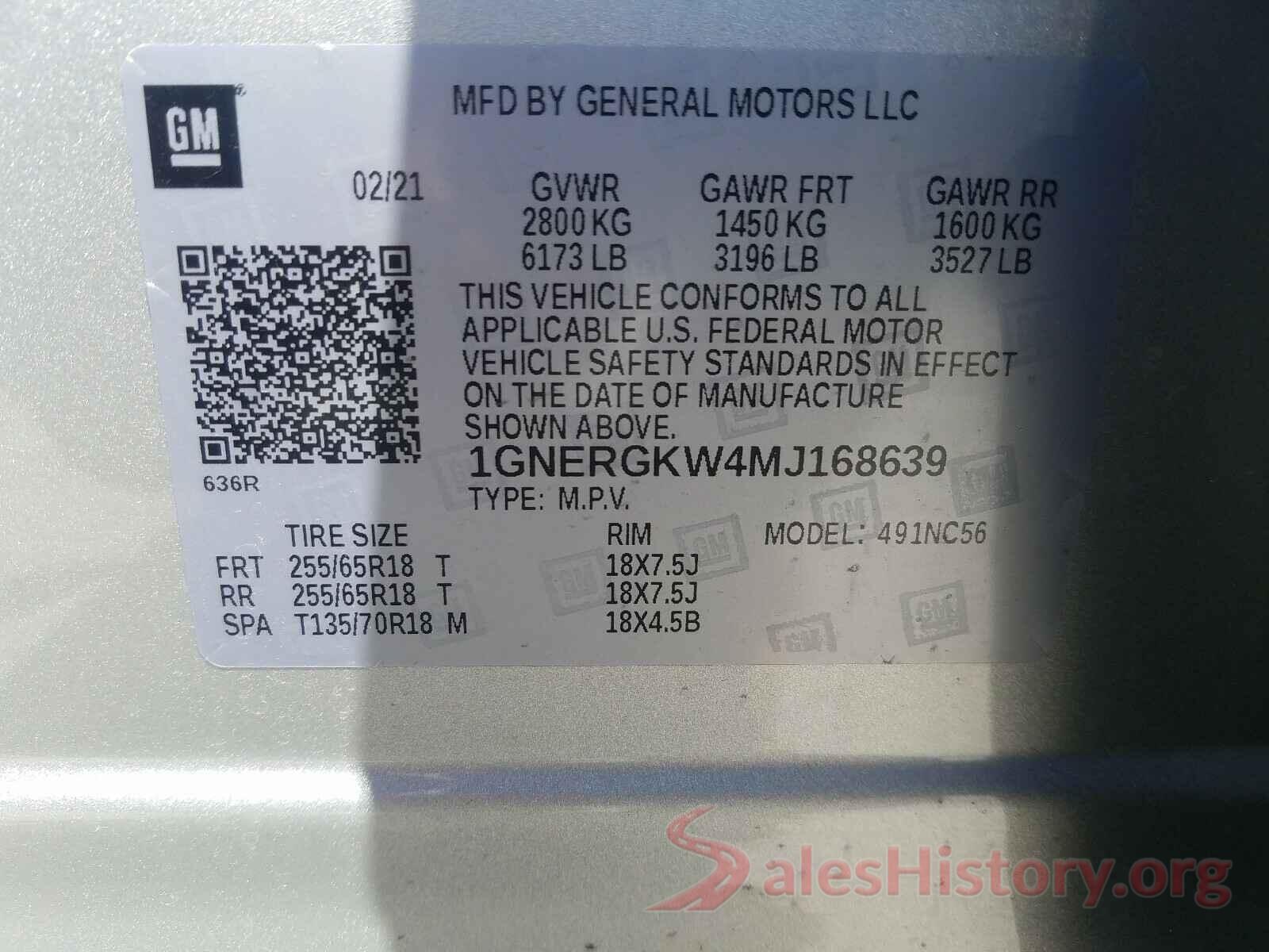 1GNERGKW4MJ168639 2021 CHEVROLET TRAVERSE