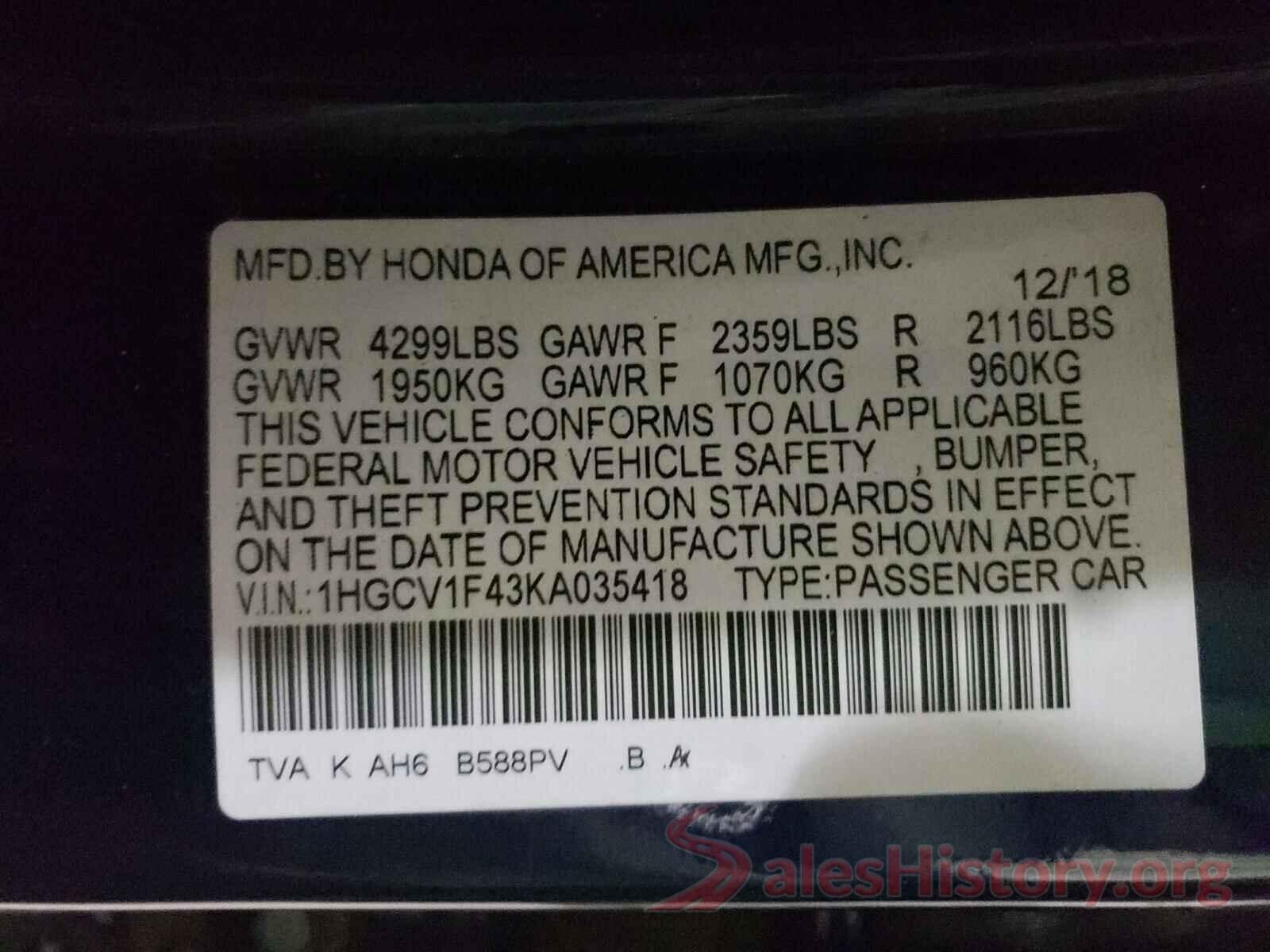 1HGCV1F43KA035418 2019 HONDA ACCORD