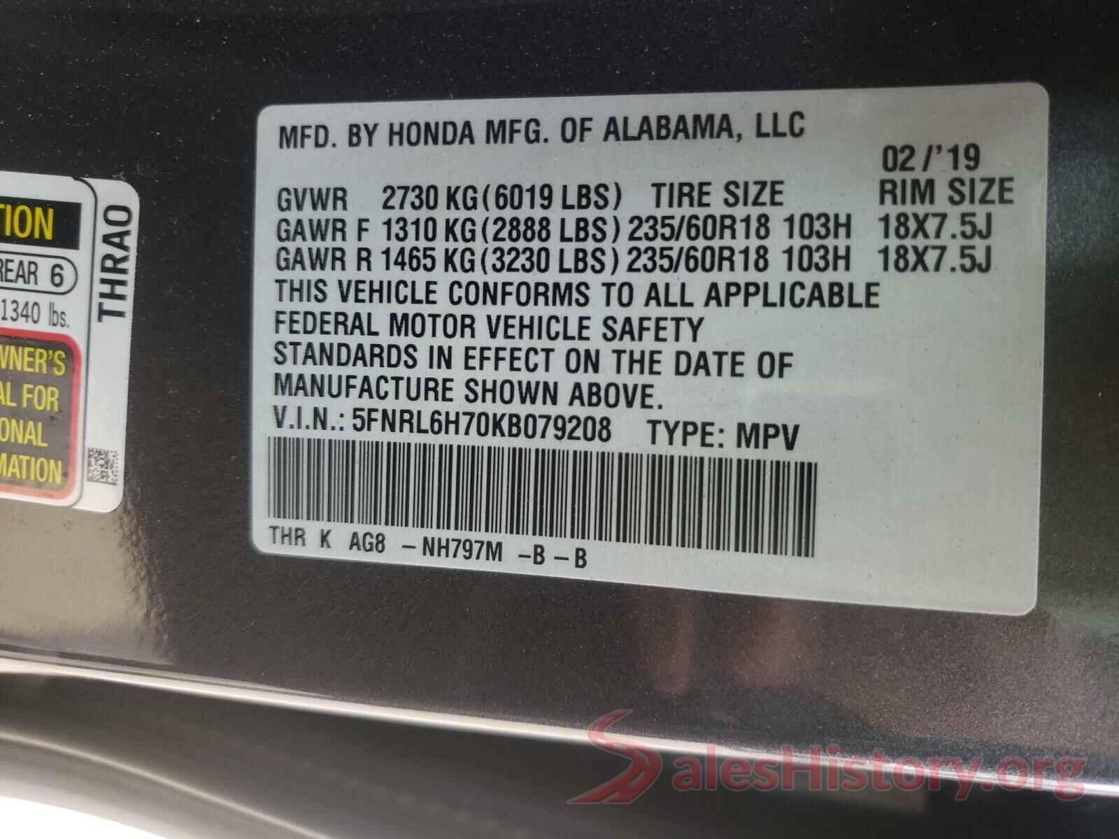 5FNRL6H70KB079208 2019 HONDA ODYSSEY