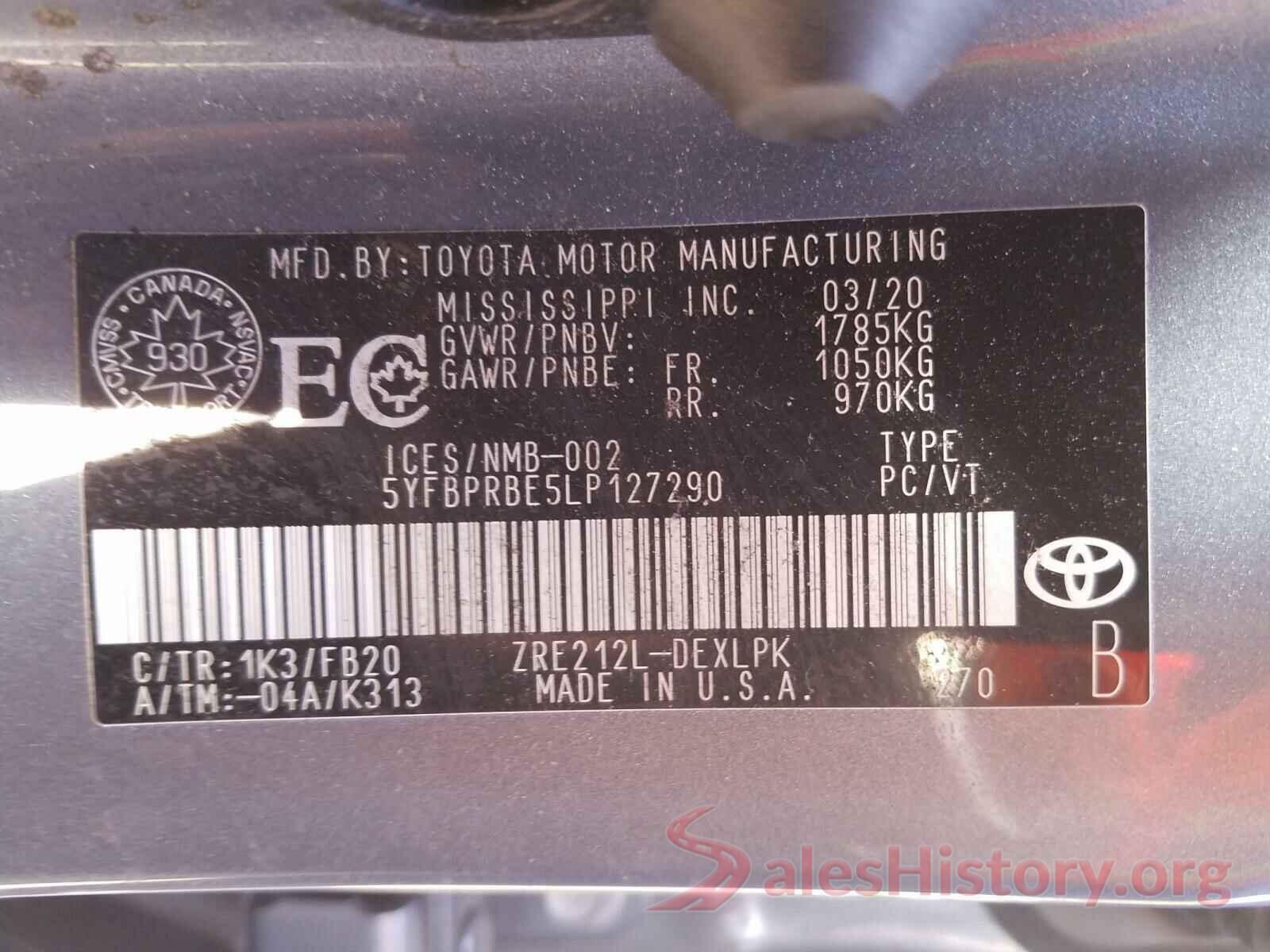 5YFBPRBE5LP127290 2020 TOYOTA COROLLA