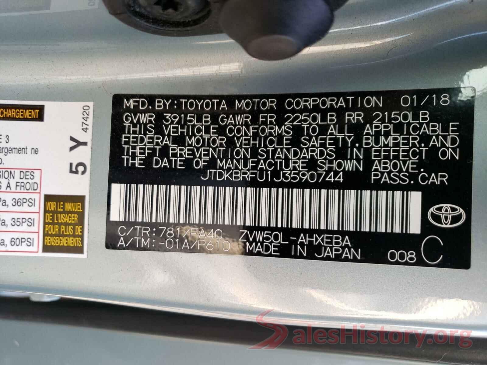 JTDKBRFU1J3590744 2018 TOYOTA PRIUS