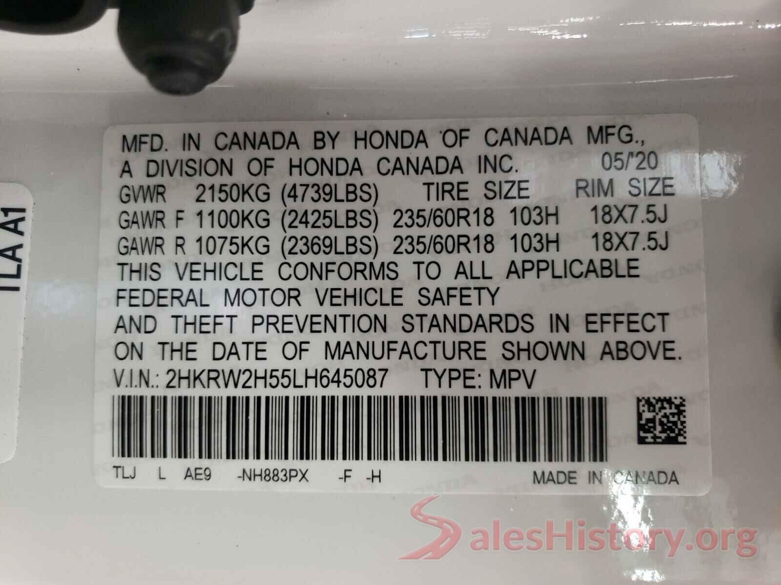 2HKRW2H55LH645087 2020 HONDA CRV