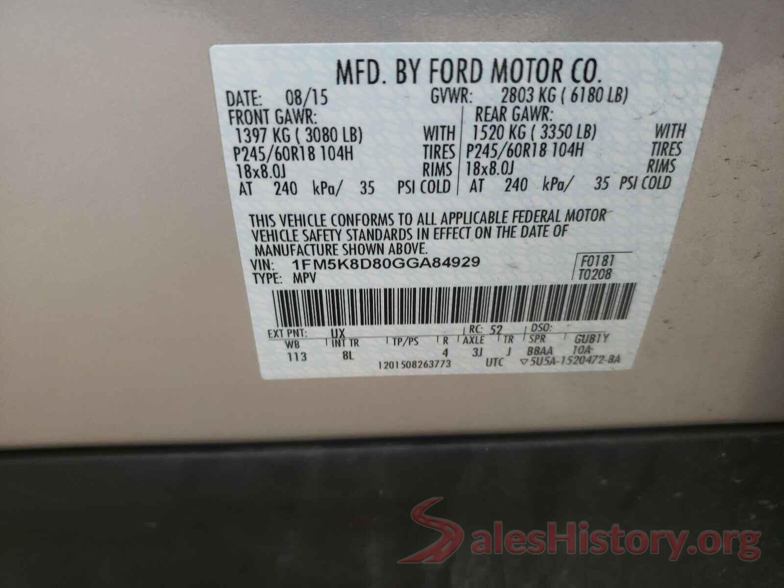 1FM5K8D80GGA84929 2016 FORD EXPLORER