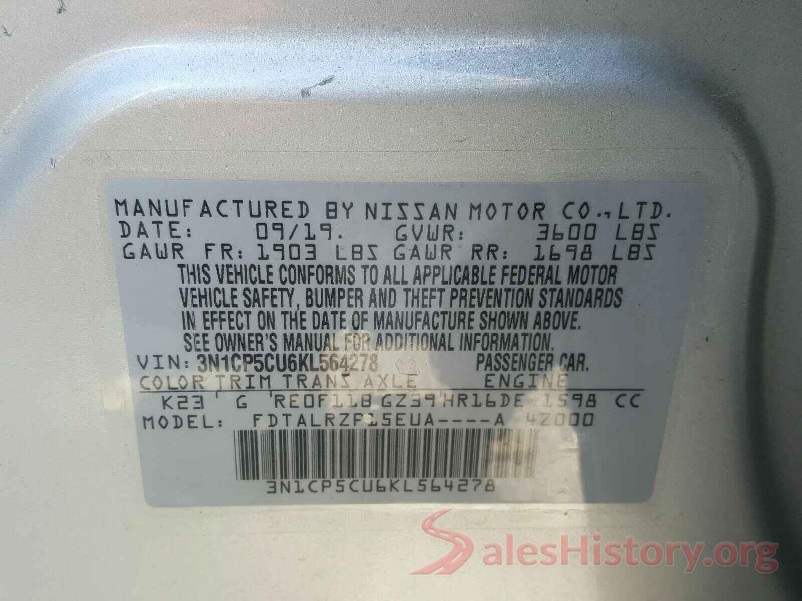 3N1CP5CU6KL564278 2019 NISSAN KICKS