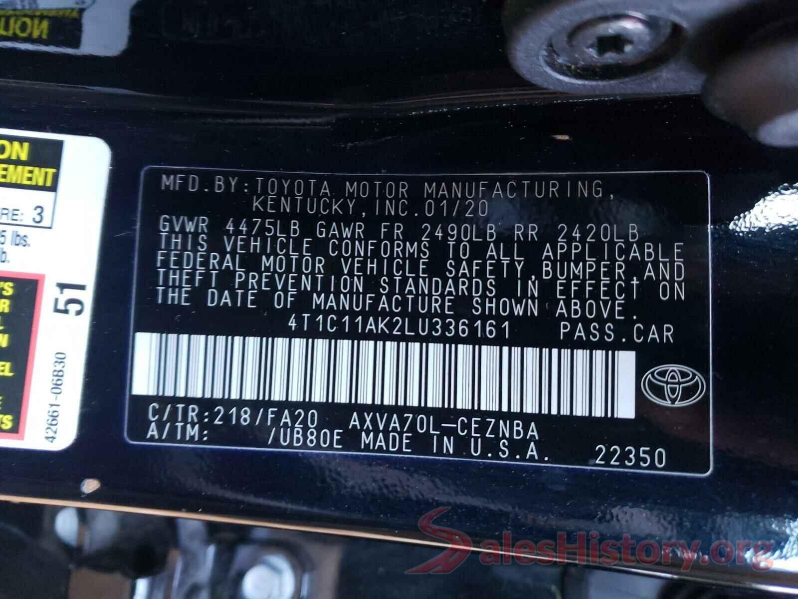 4T1C11AK2LU336161 2020 TOYOTA CAMRY