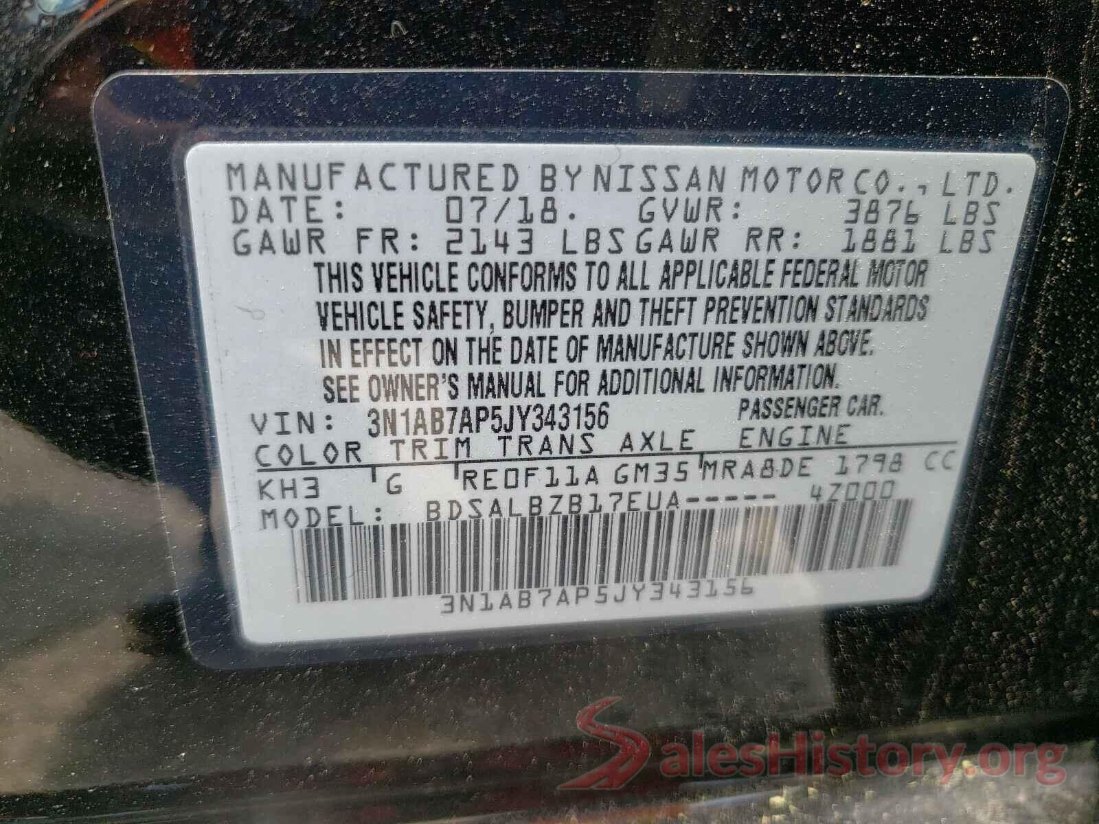 3N1AB7AP5JY343156 2018 NISSAN SENTRA