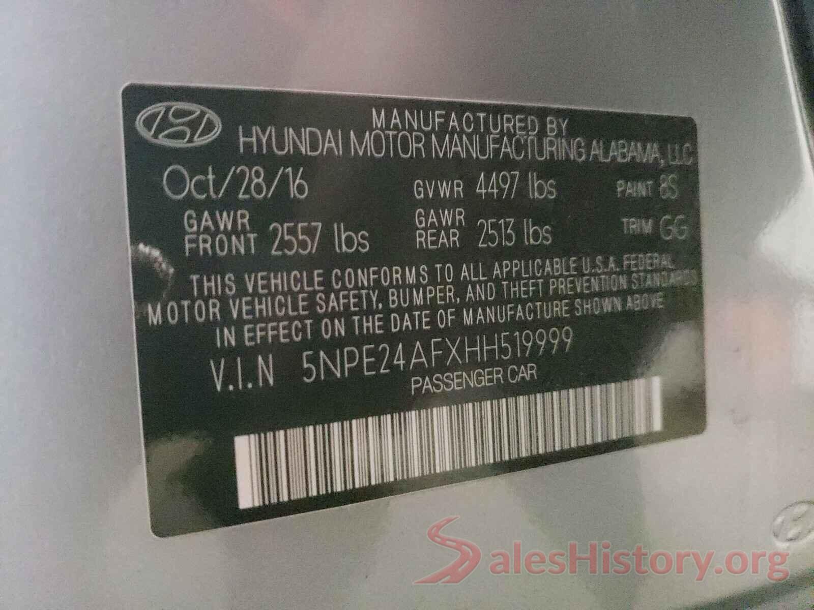 5NPE24AFXHH519999 2017 HYUNDAI SONATA