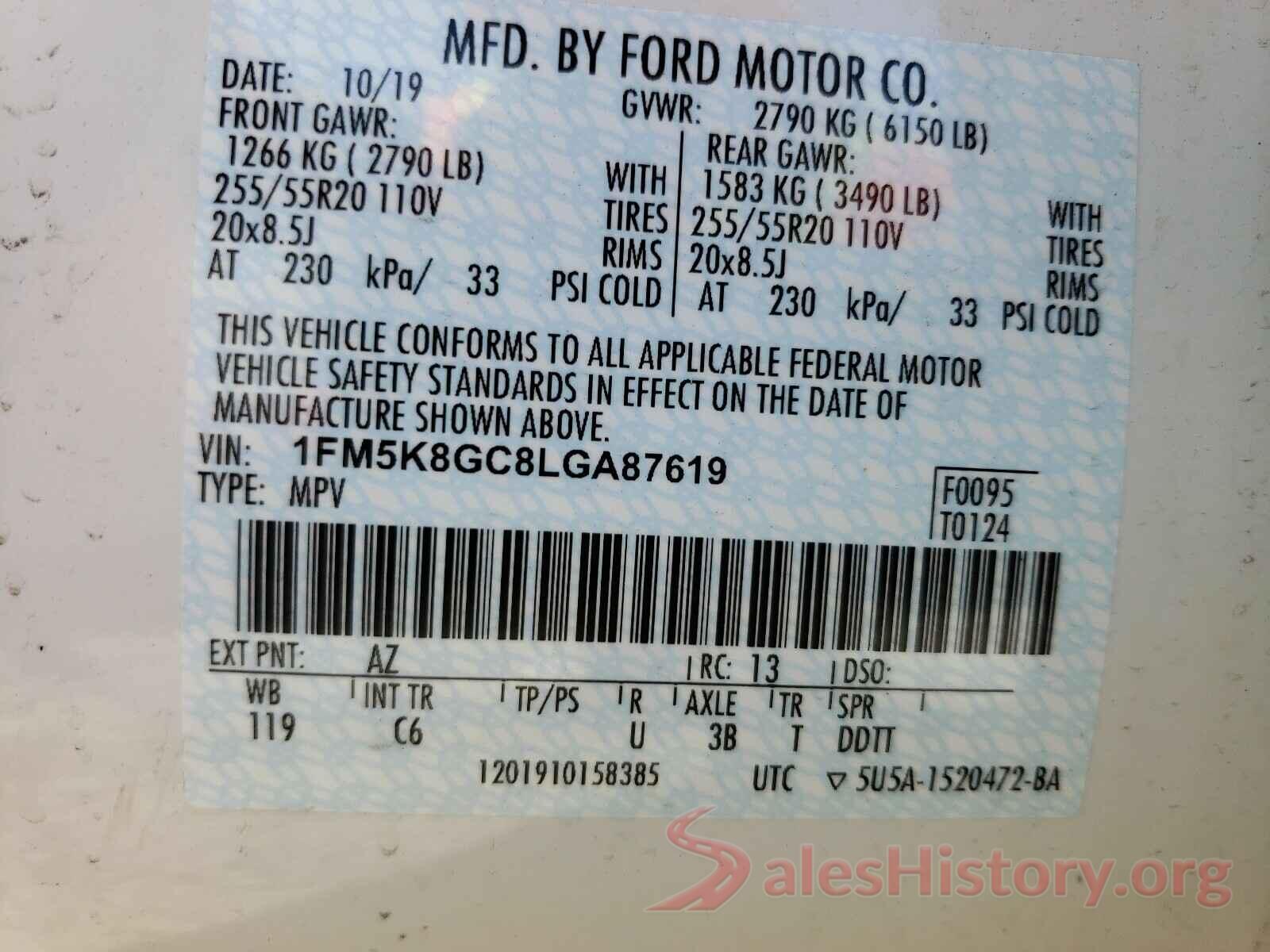 1FM5K8GC8LGA87619 2020 FORD EXPLORER