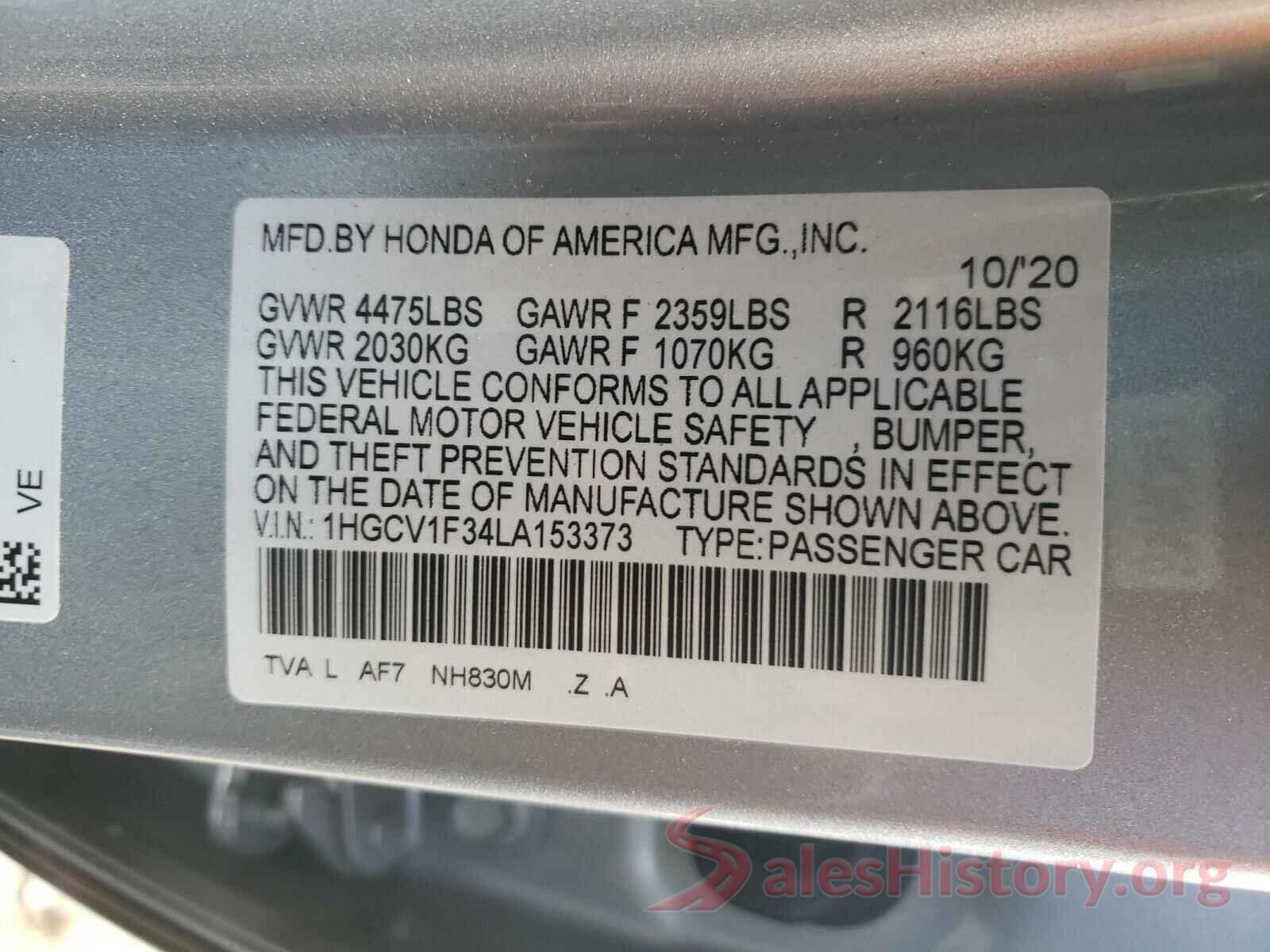 1HGCV1F34LA153373 2020 HONDA ACCORD