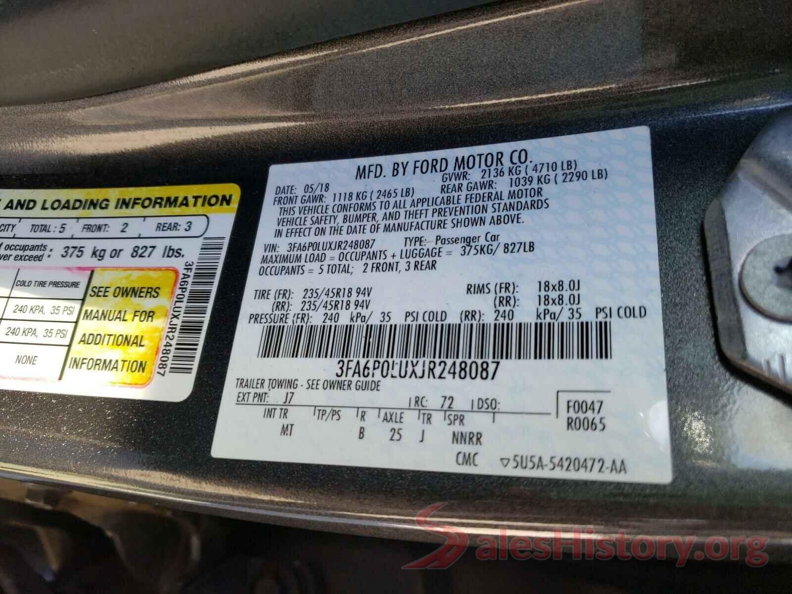 3FA6P0LUXJR248087 2018 FORD FUSION