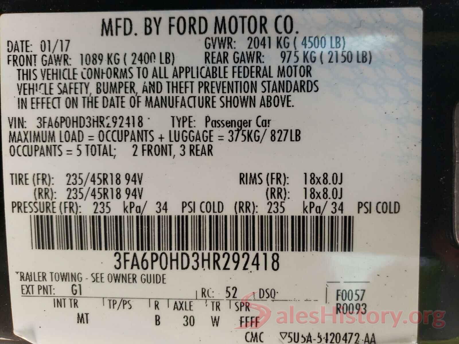 3FA6P0HD3HR292418 2017 FORD FUSION