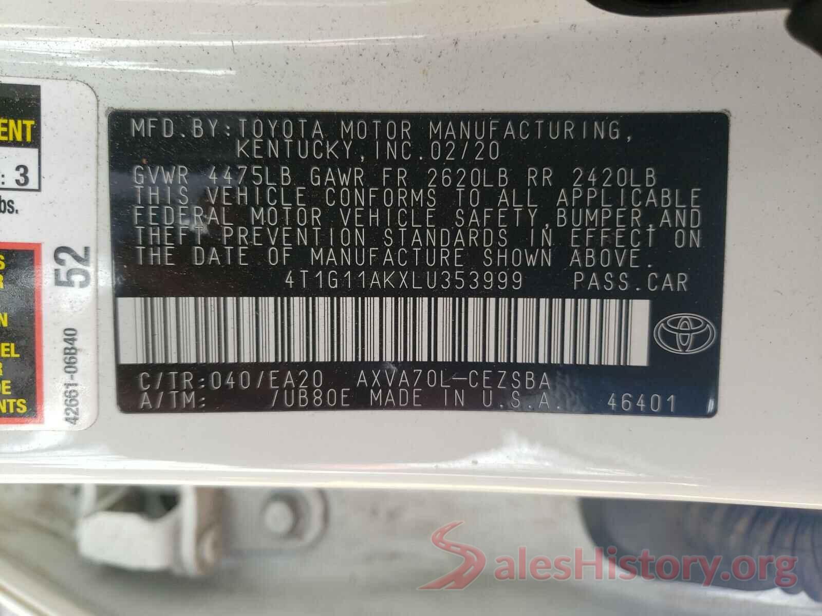 4T1G11AKXLU353999 2020 TOYOTA CAMRY