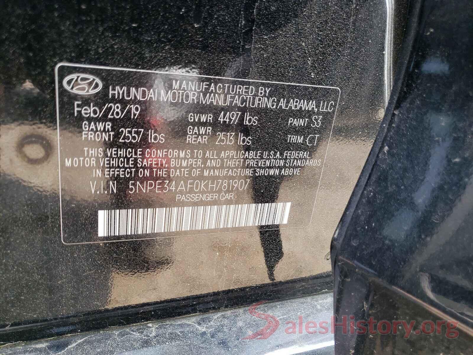 5NPE34AF0KH781907 2019 HYUNDAI SONATA