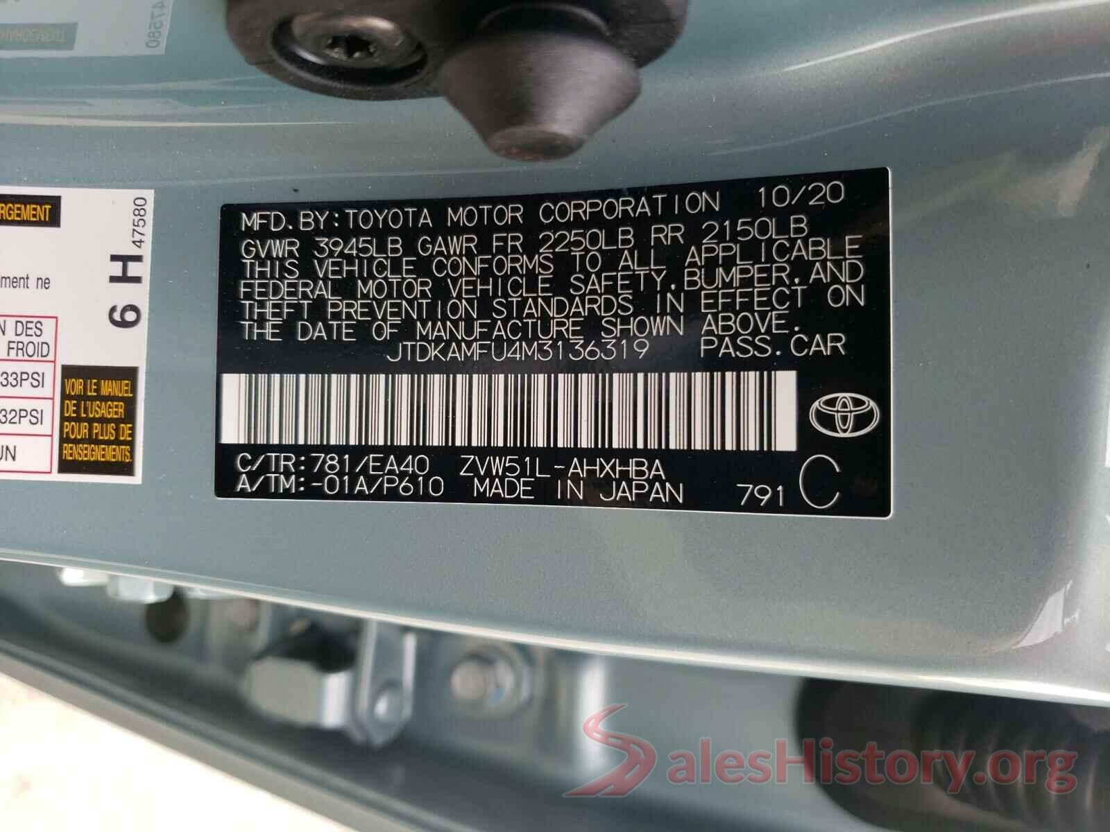 JTDKAMFU4M3136319 2021 TOYOTA PRIUS