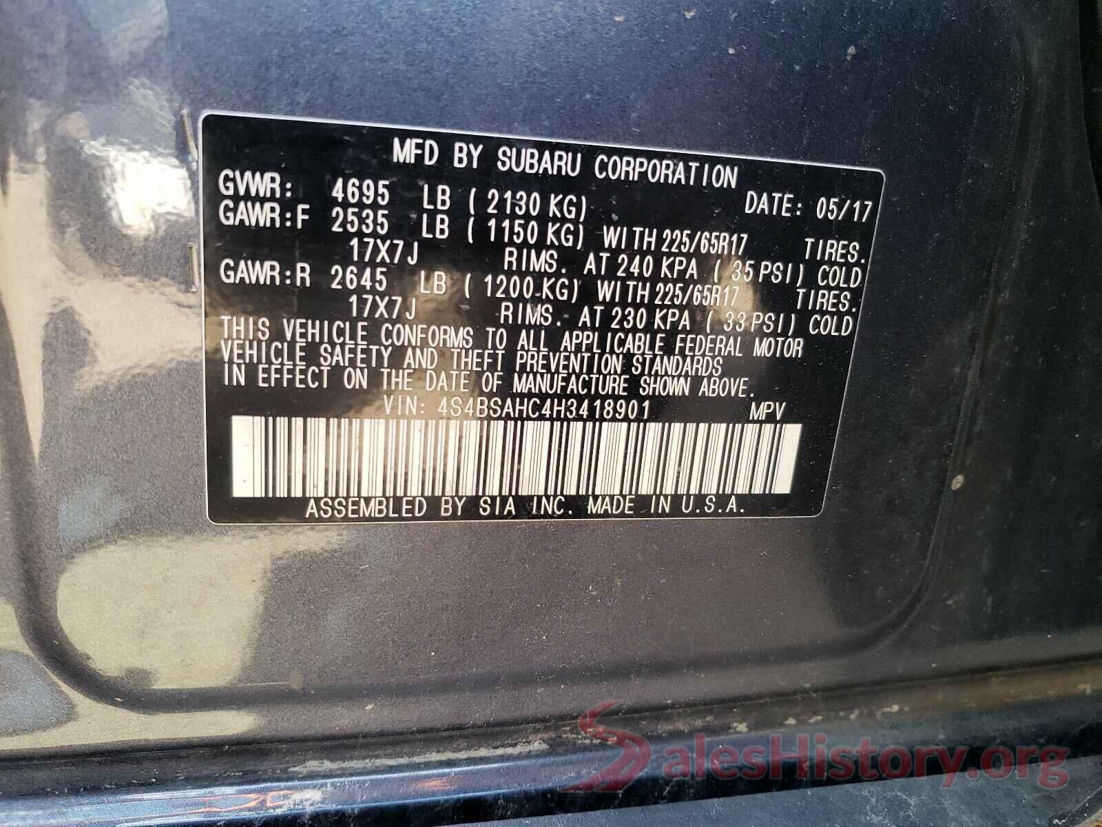 4S4BSAHC4H3418901 2017 SUBARU OUTBACK