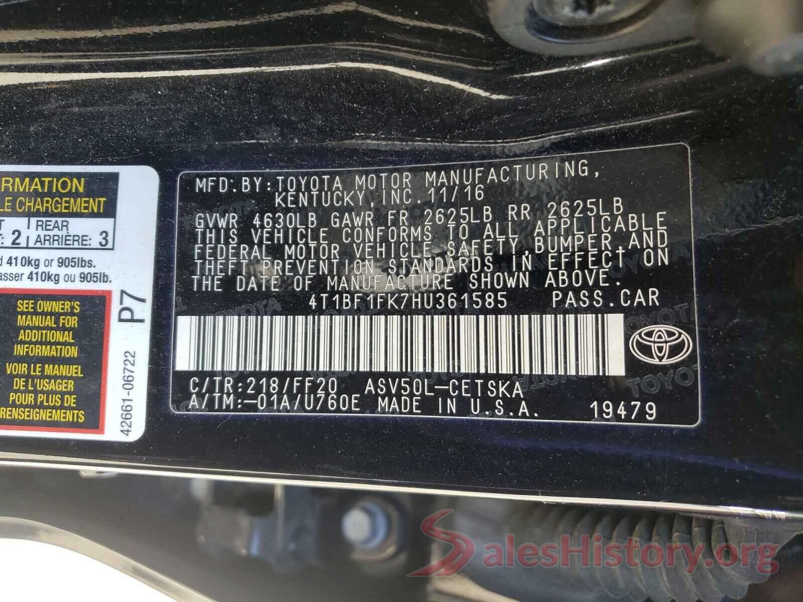 4T1BF1FK7HU361585 2017 TOYOTA CAMRY