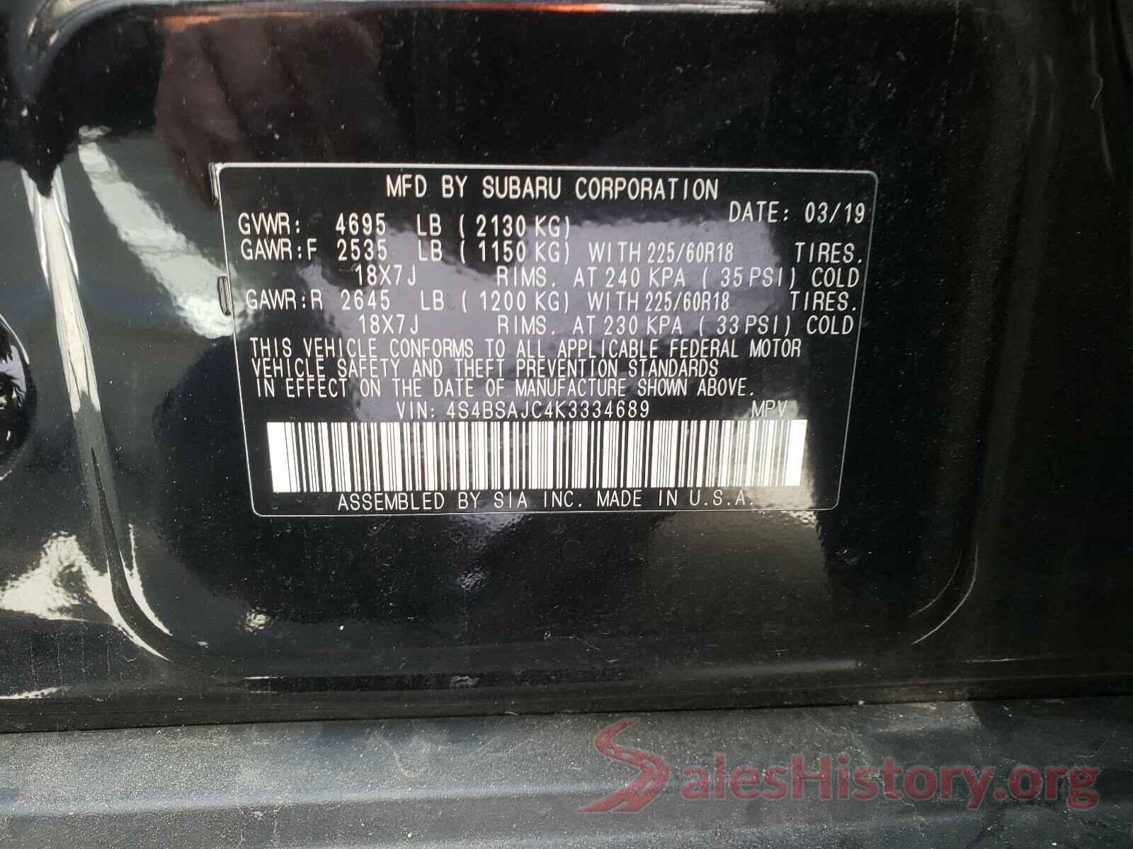 4S4BSAJC4K3334689 2019 SUBARU OUTBACK