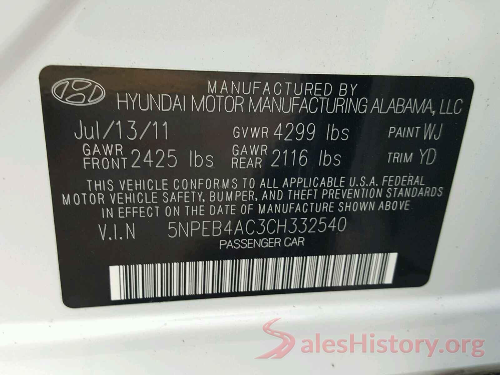 5NPEB4AC3CH332540 2012 HYUNDAI SONATA