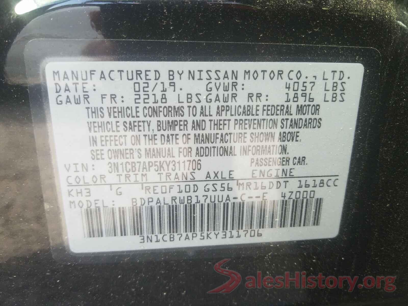 3N1CB7AP5KY311706 2019 NISSAN SENTRA