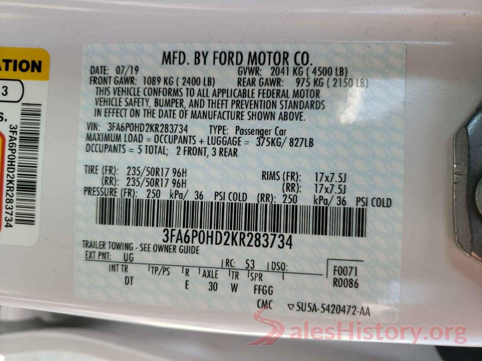 3FA6P0HD2KR283734 2019 FORD FUSION