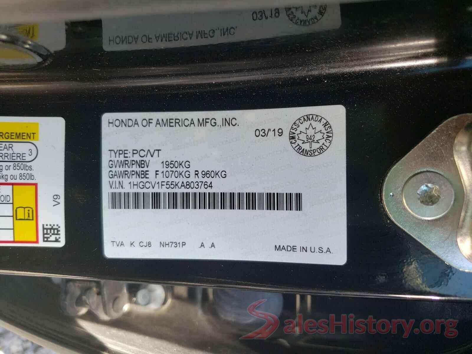 1HGCV1F55KA803764 2019 HONDA ACCORD