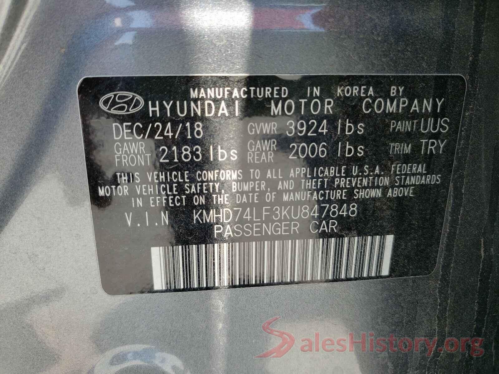 KMHD74LF3KU847848 2019 HYUNDAI ELANTRA