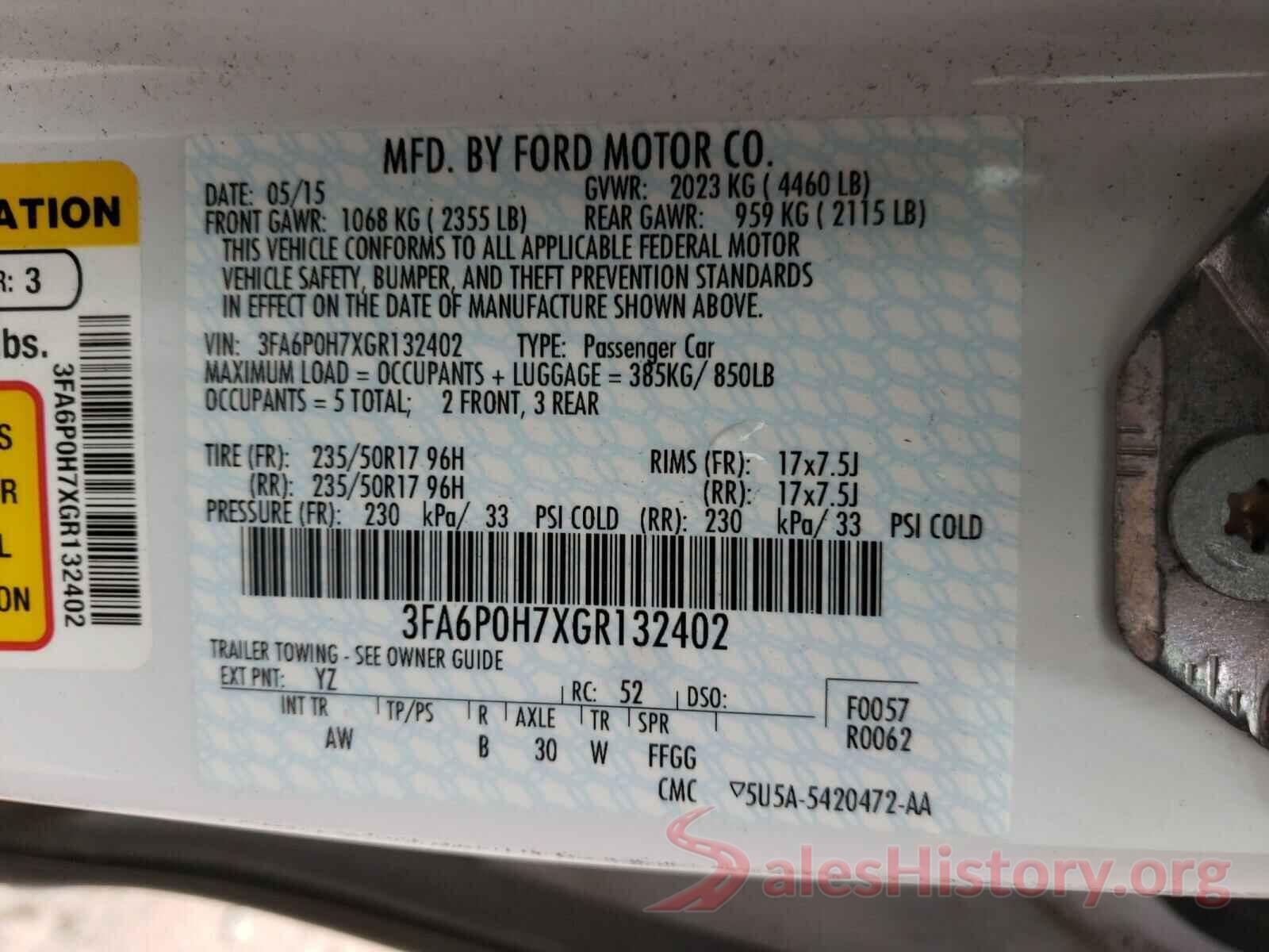 3FA6P0H7XGR132402 2016 FORD FUSION