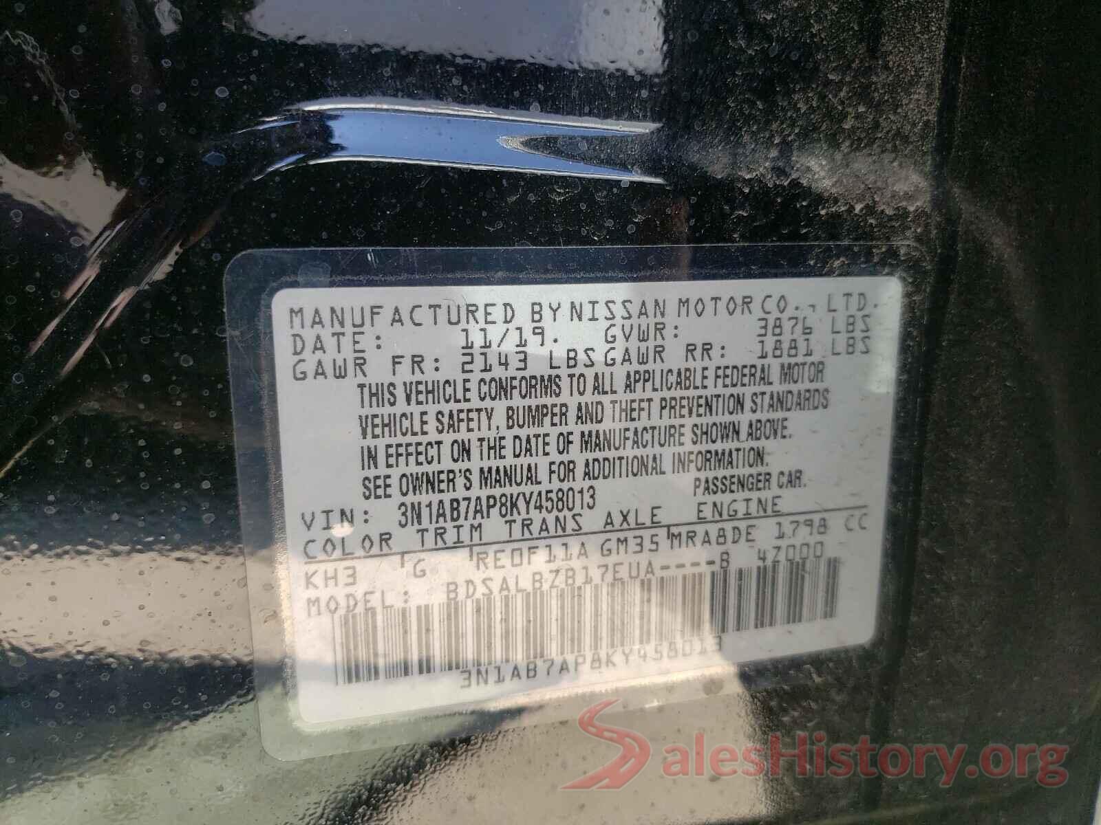 3N1AB7AP8KY458013 2019 NISSAN SENTRA