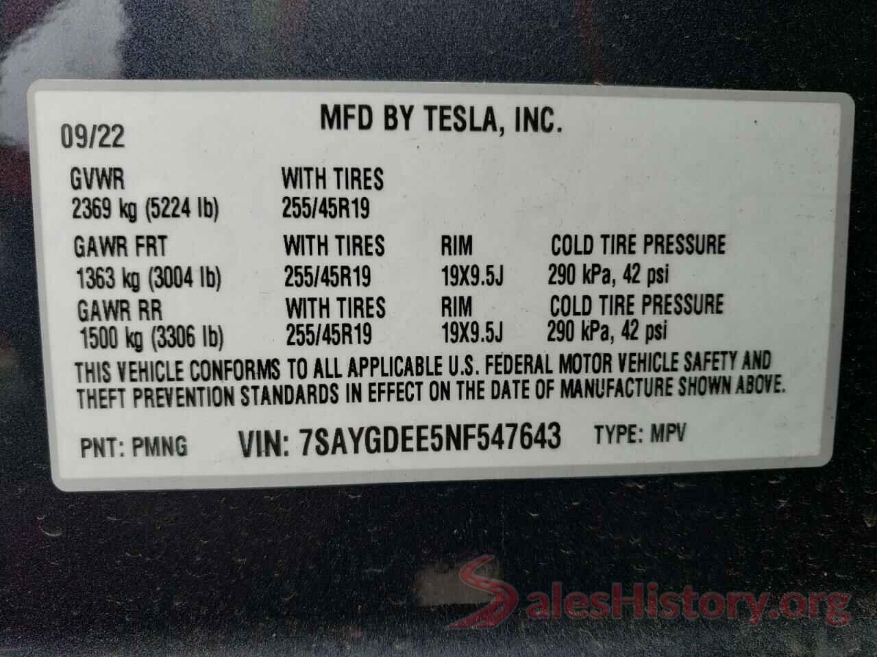 7SAYGDEE5NF547643 2022 TESLA MODEL Y