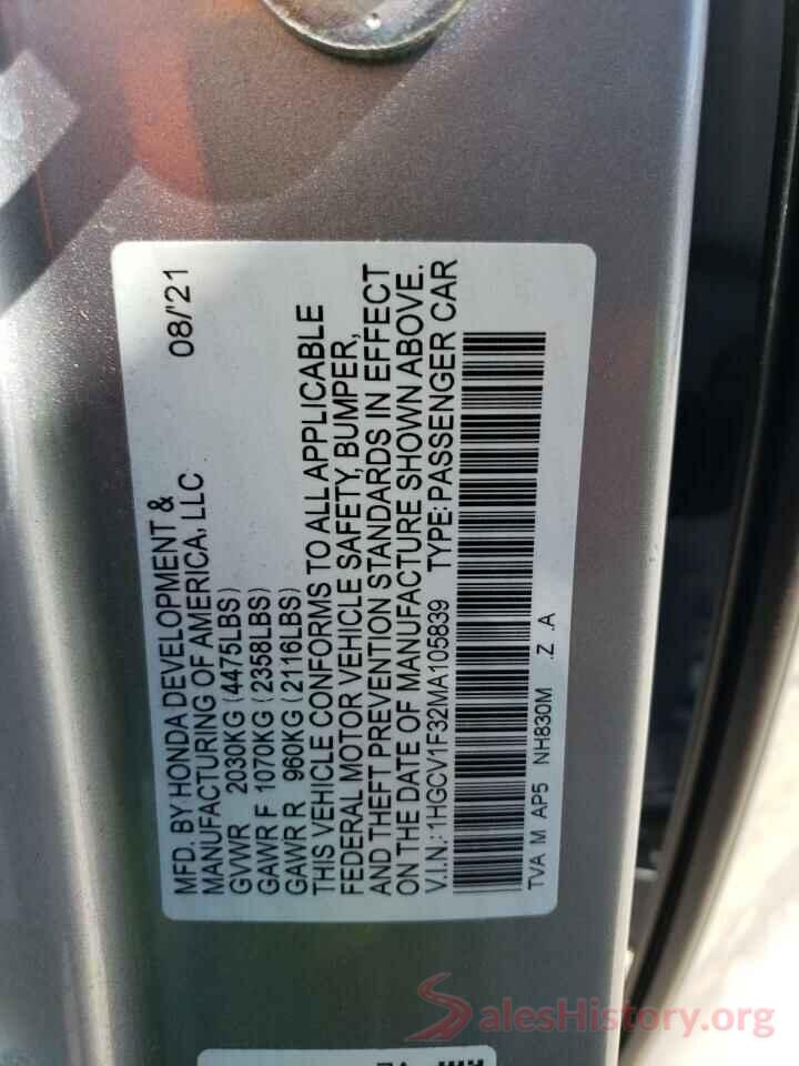 1HGCV1F32MA105839 2021 HONDA ACCORD