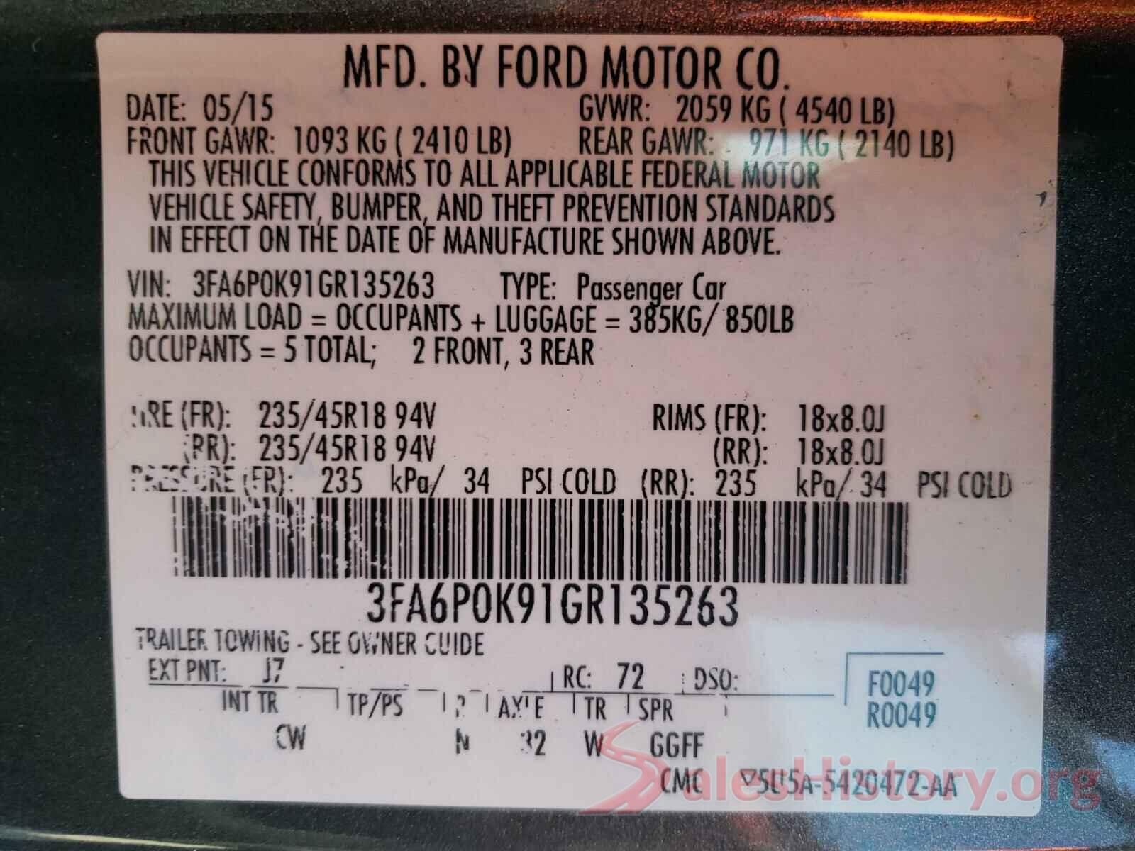 3FA6P0K91GR135263 2016 FORD FUSION