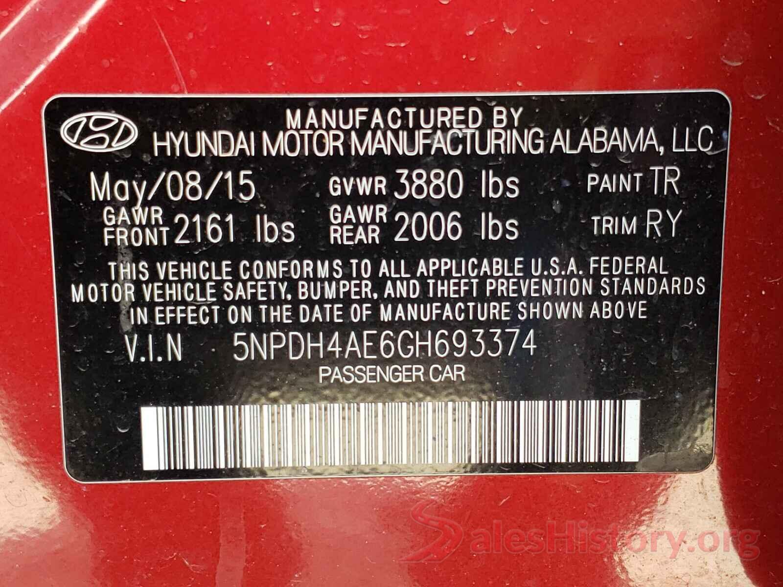 5NPDH4AE6GH693374 2016 HYUNDAI ELANTRA