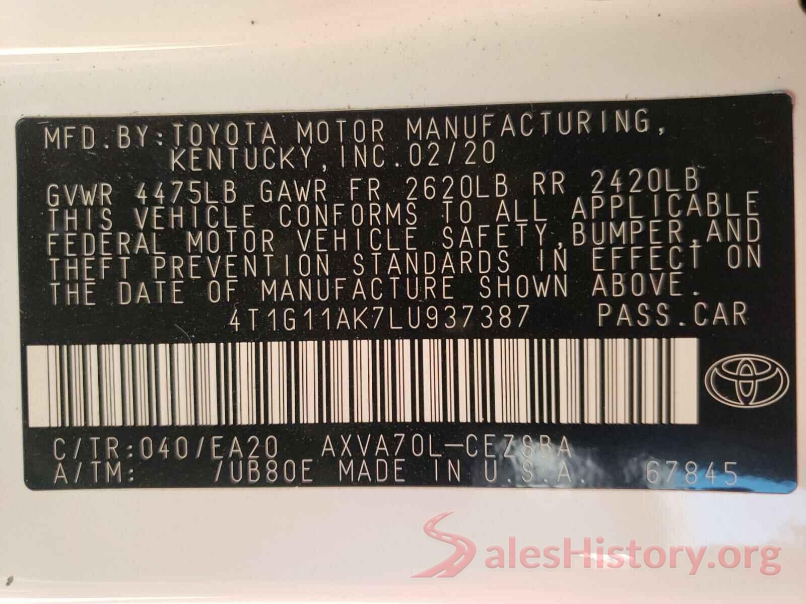 4T1G11AK7LU937387 2020 TOYOTA CAMRY