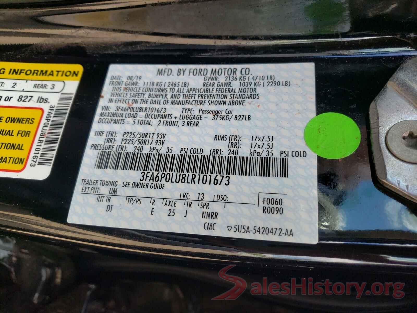 3FA6P0LU8LR101673 2020 FORD FUSION