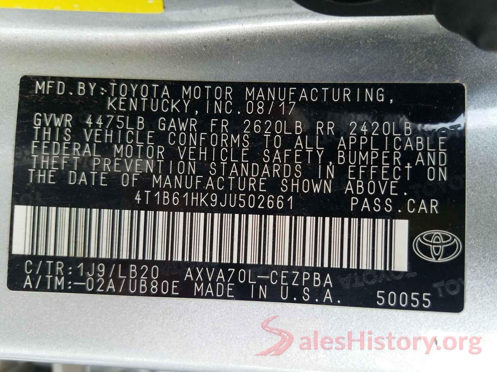 4T1B61HK9JU502661 2018 TOYOTA CAMRY