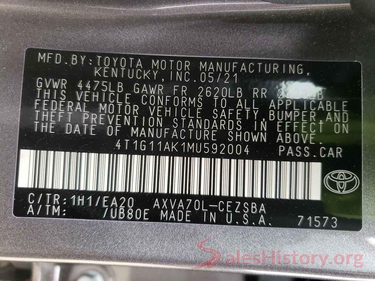 4T1G11AK1MU592004 2021 TOYOTA CAMRY