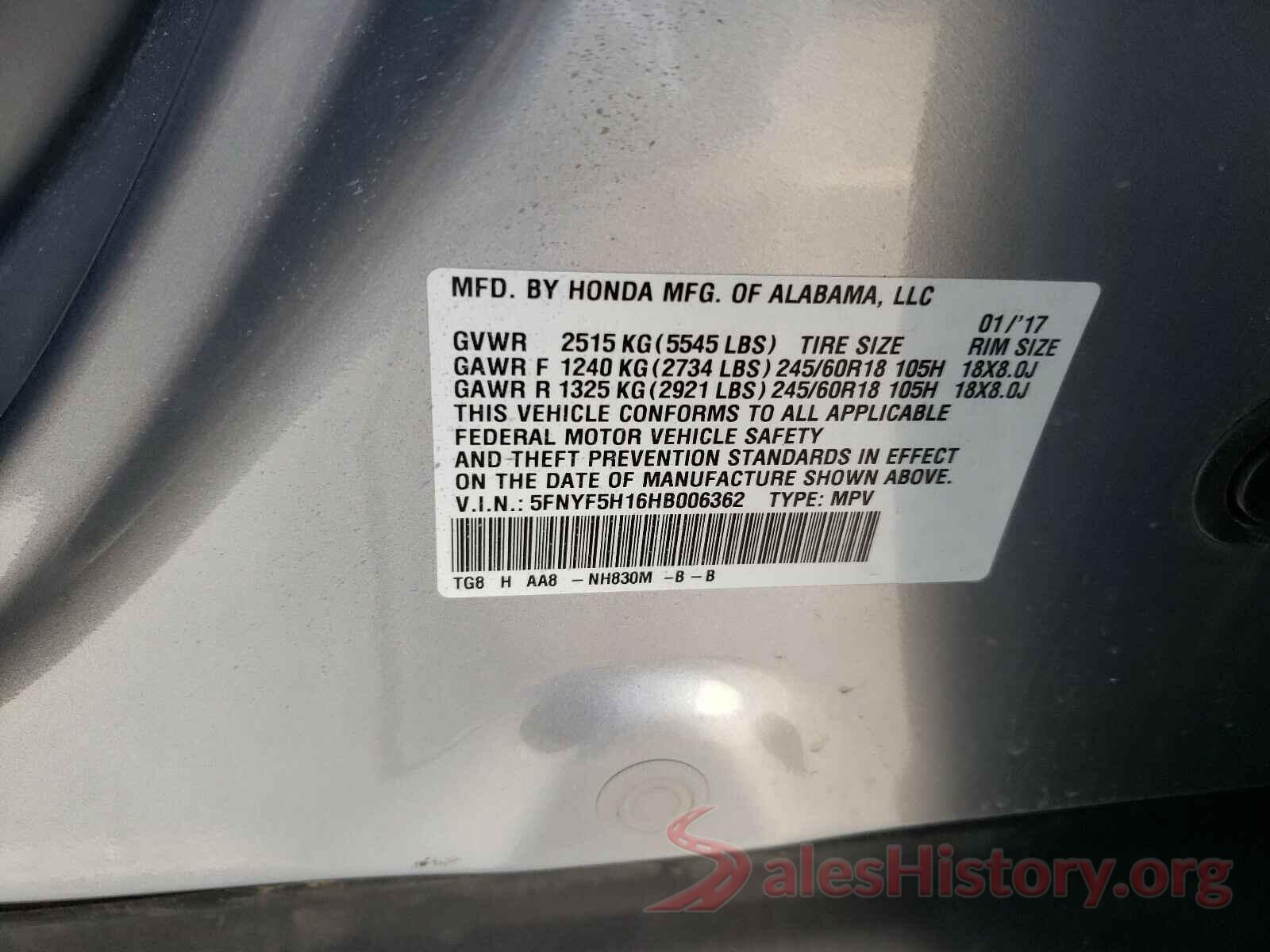 5FNYF5H16HB006362 2017 HONDA PILOT