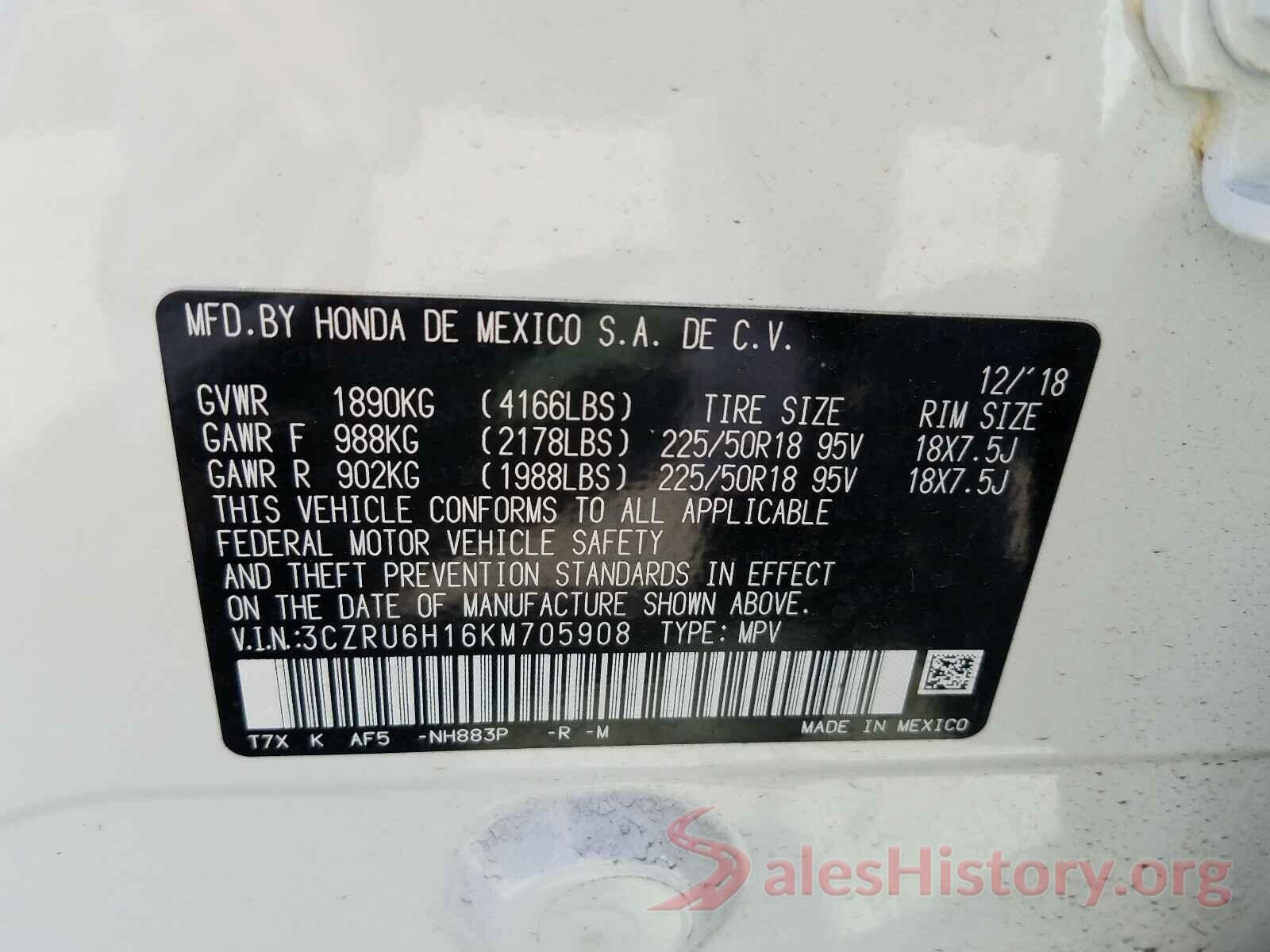 3CZRU6H16KM705908 2019 HONDA HR-V