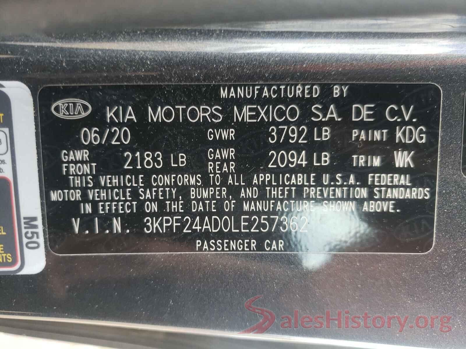 3KPF24AD0LE257362 2020 KIA FORTE